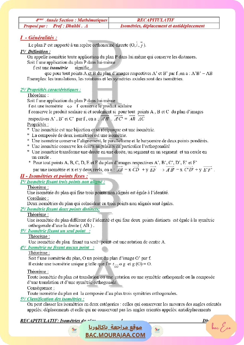 isometrie deplacement et antideplacement resume