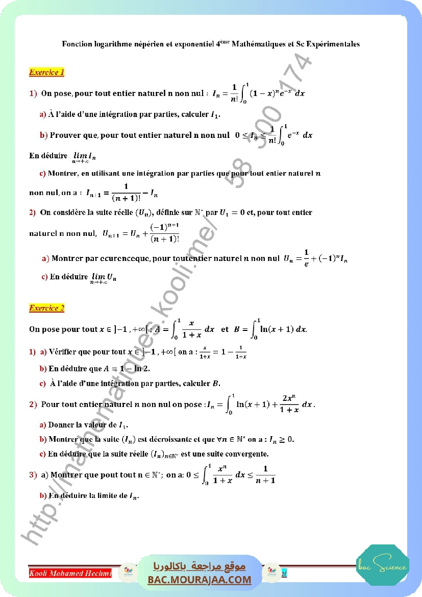 fonction logarithme neperien et exponentiel serie corrige