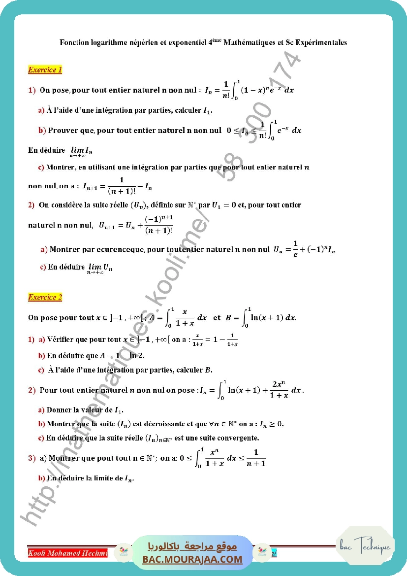 fonction logarithme neperien et exponentiel serie corrige