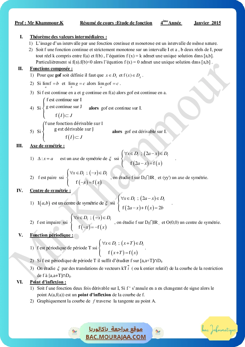 Cours Math Etude de fonction Bac Toutes Sections (2014-2015) Mr Khammour