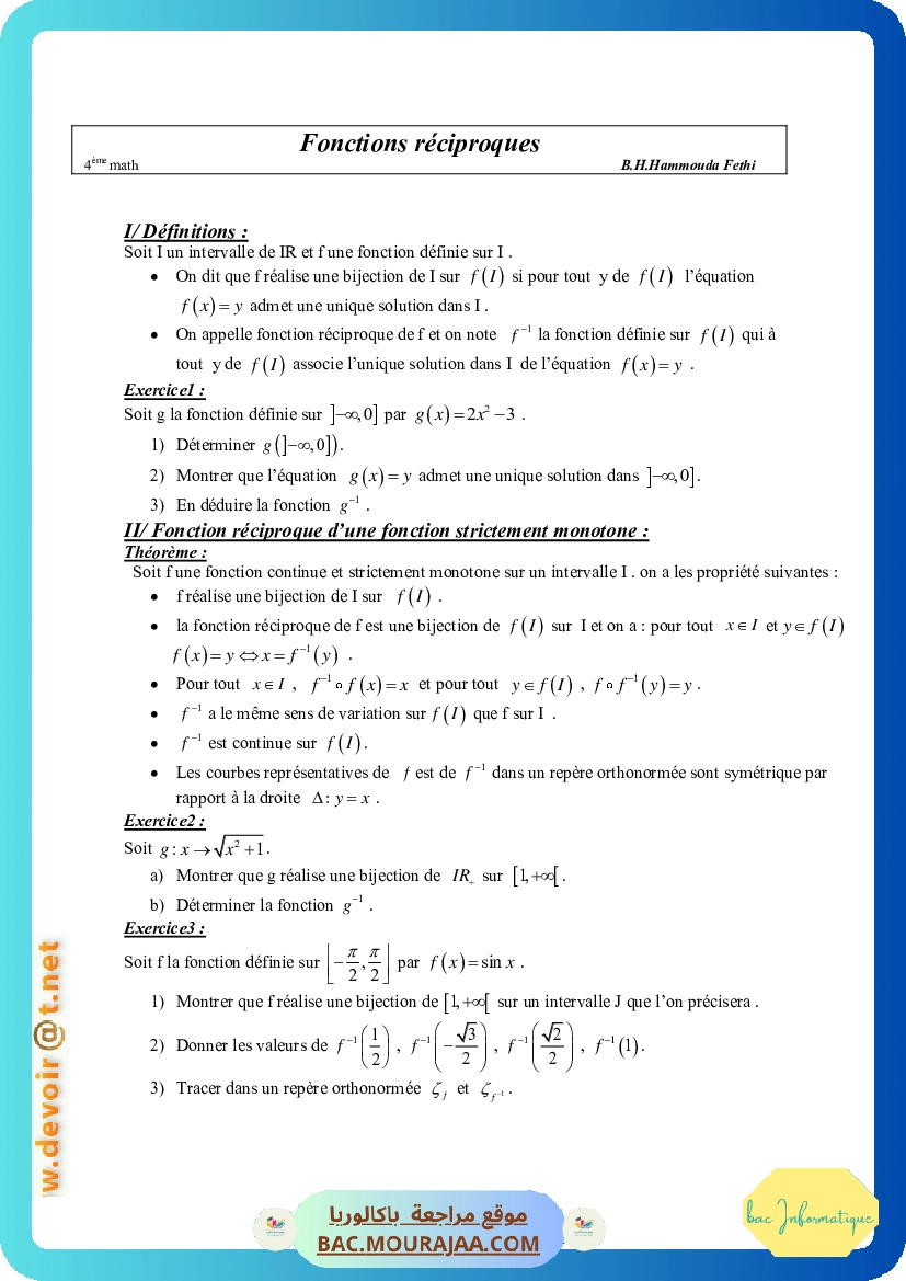 Cours Math Fonctions reciproques Bac Math Mr Hammouda Fethi