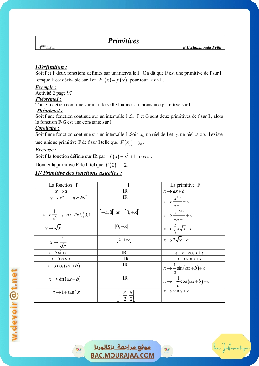 Cours Math Primitives Bac Math Mr Hammouda Fethi