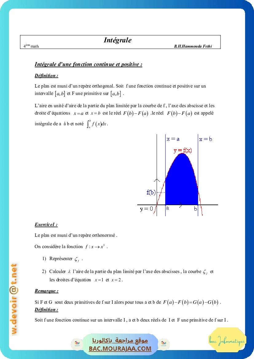 Cours Math Integrale Bac Math Mr Hammouda Fethi