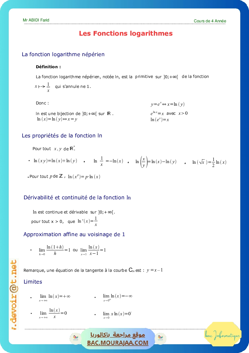 Cours Math Fonctions logarithmes Bac Math Mr Abidi Farid