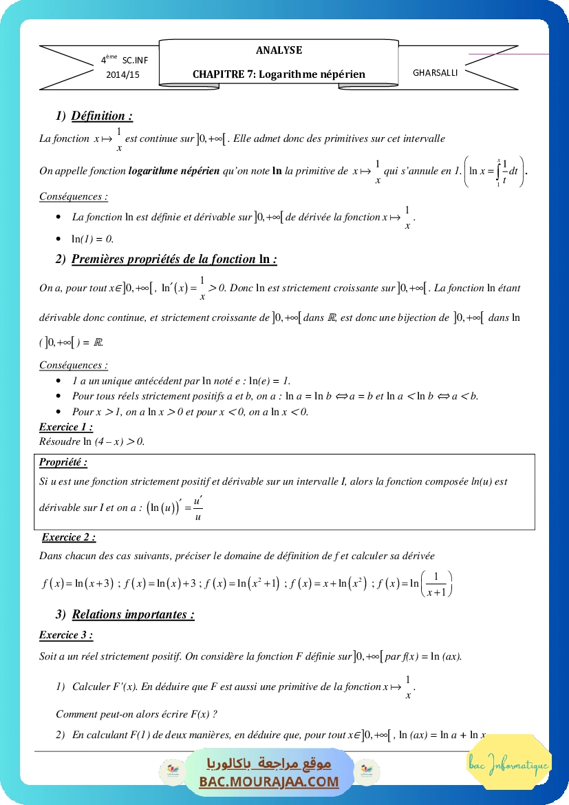 Cours Math Logarithme neperien Bac Toutes Sections (2015-2016) Mr GHAR