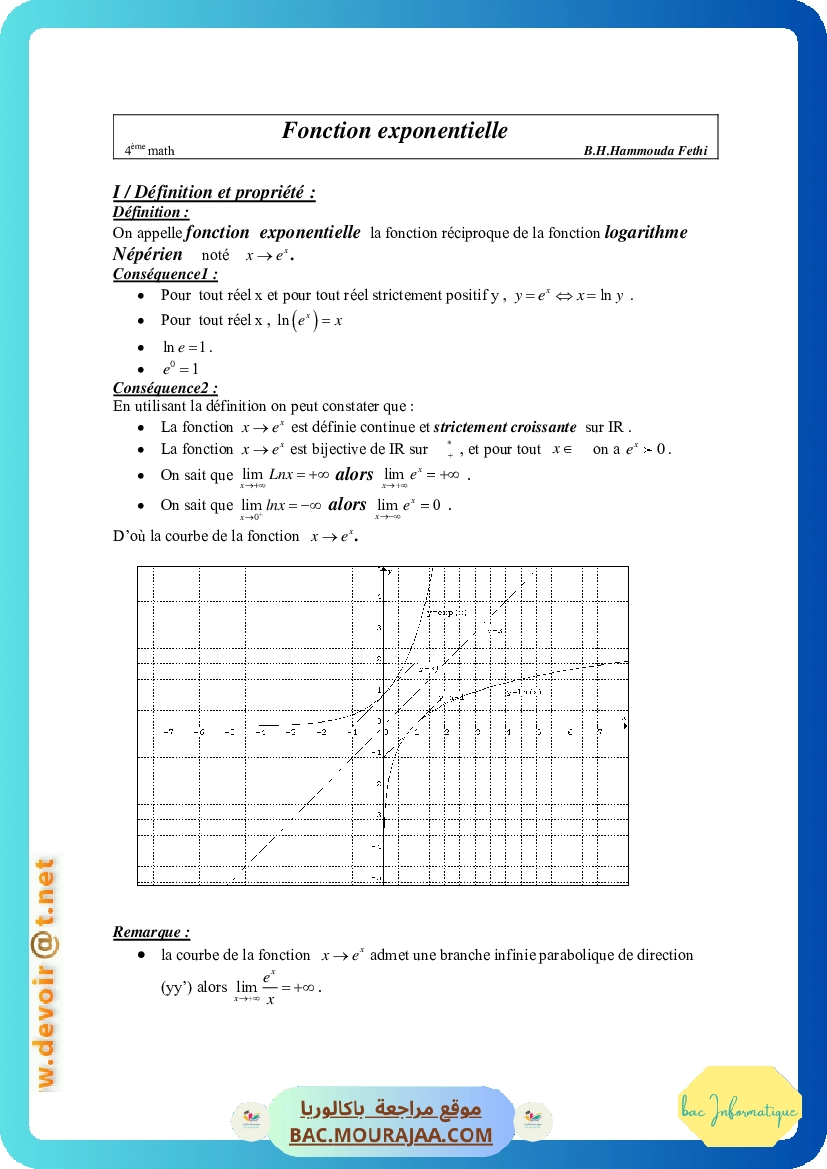Cours Math Exponentielle Bac Math Mr Hammouda Fethi