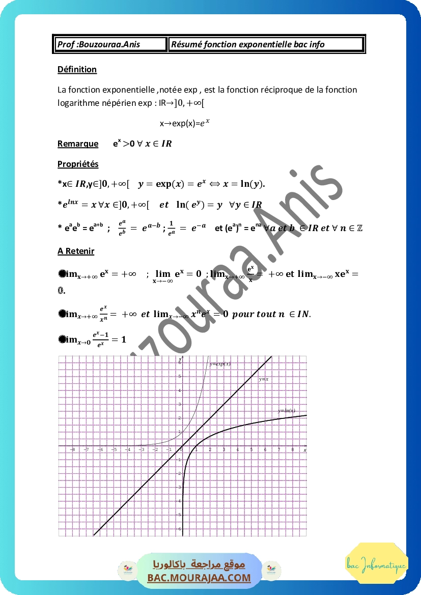 Cours Math Resume fonction exponentielle Bac Informatique (2013-2014) Mr