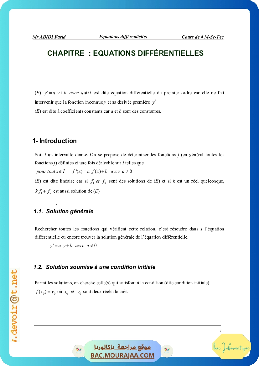 Cours Math Equations differentielles Bac M Sc Tec Mr Abidi Farid