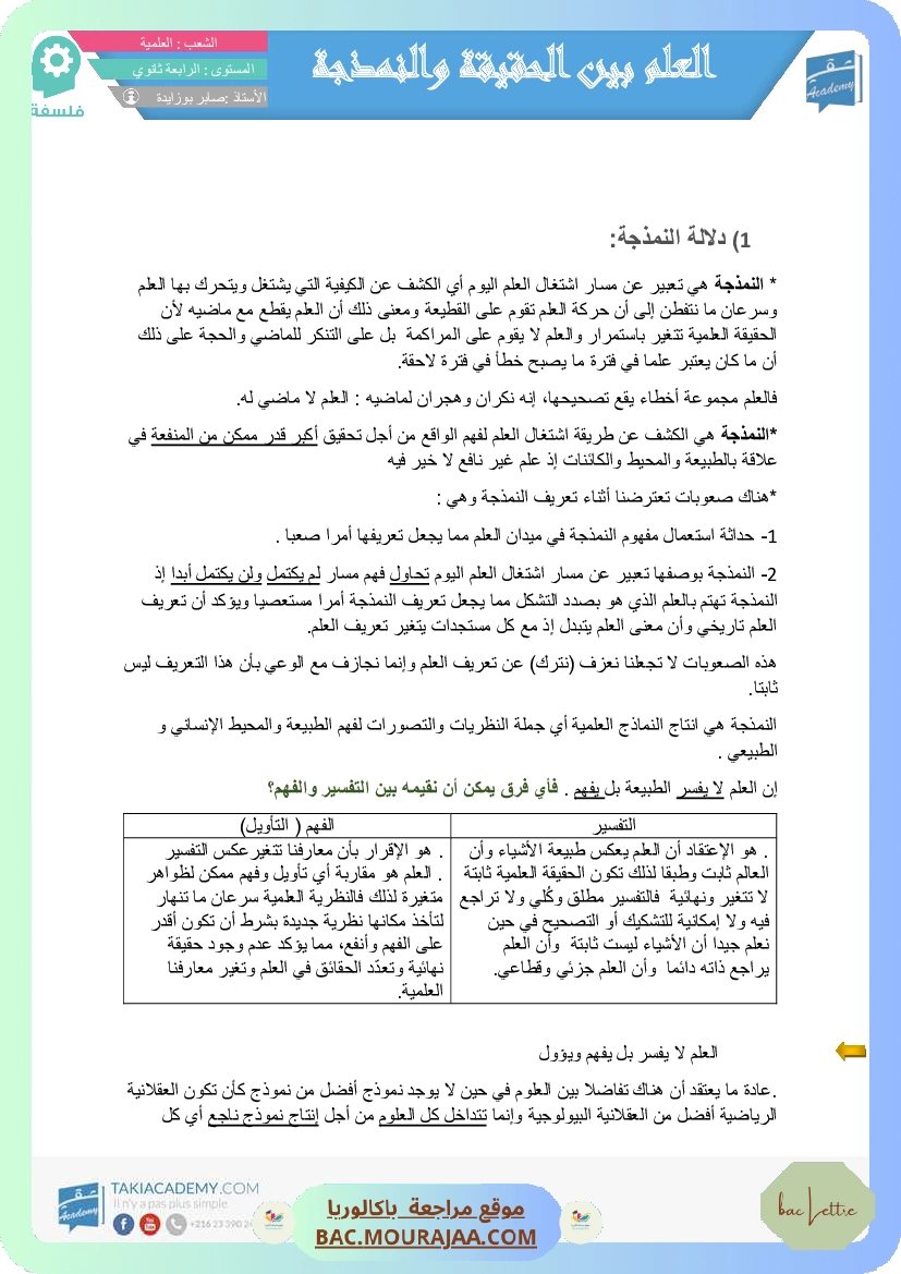 العلم بين الحقيقة و النمذجة