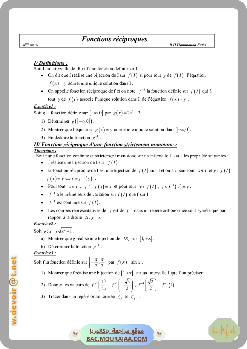 Cours Math Fonctions reciproques Bac Math Mr Hammouda Fethi