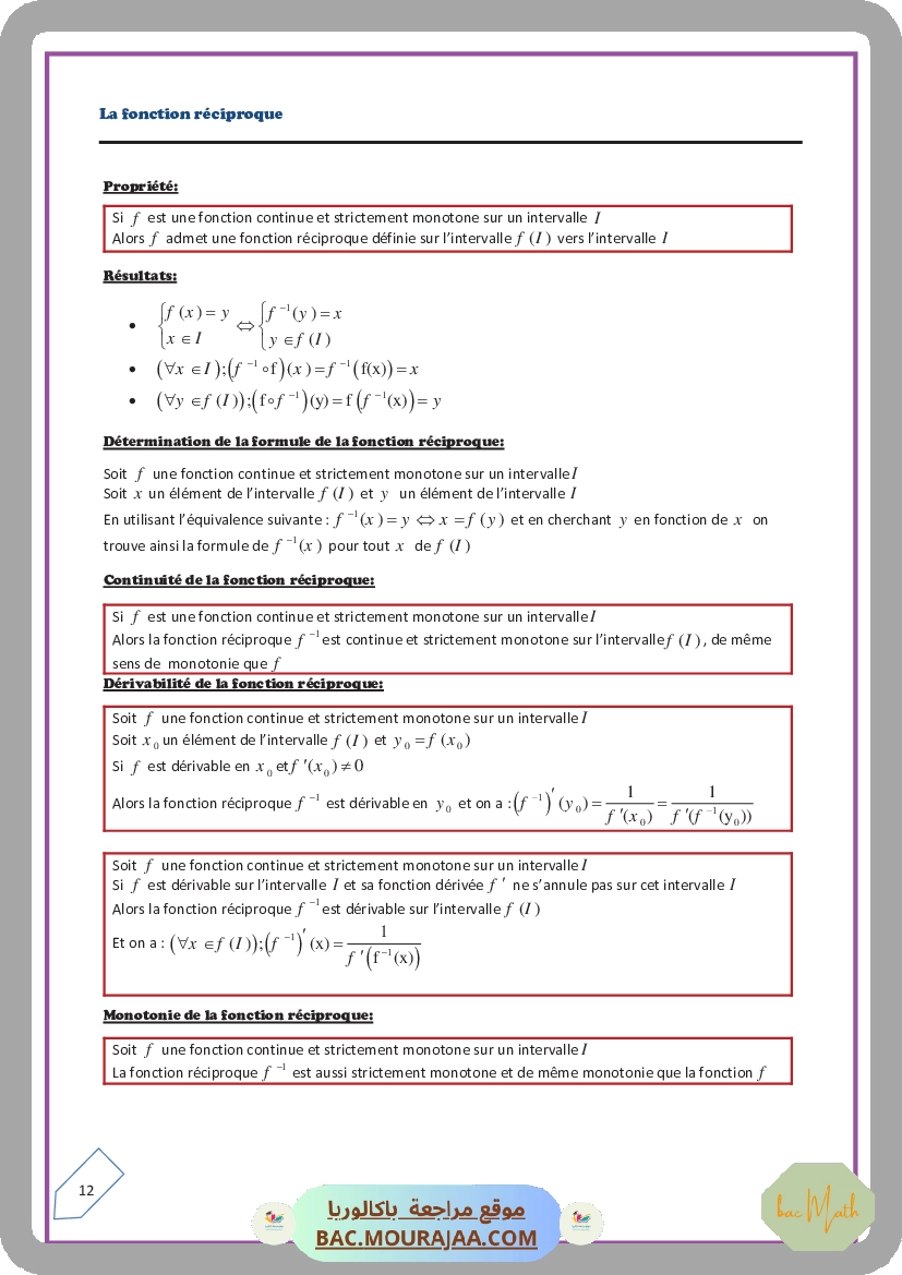 La fonction reciproque-resume