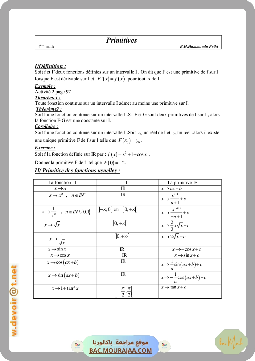 Cours Math Primitives Bac Math Mr Hammouda Fethi
