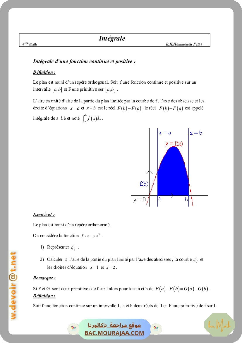 Cours Math Integrale Bac Math Mr Hammouda Fethi