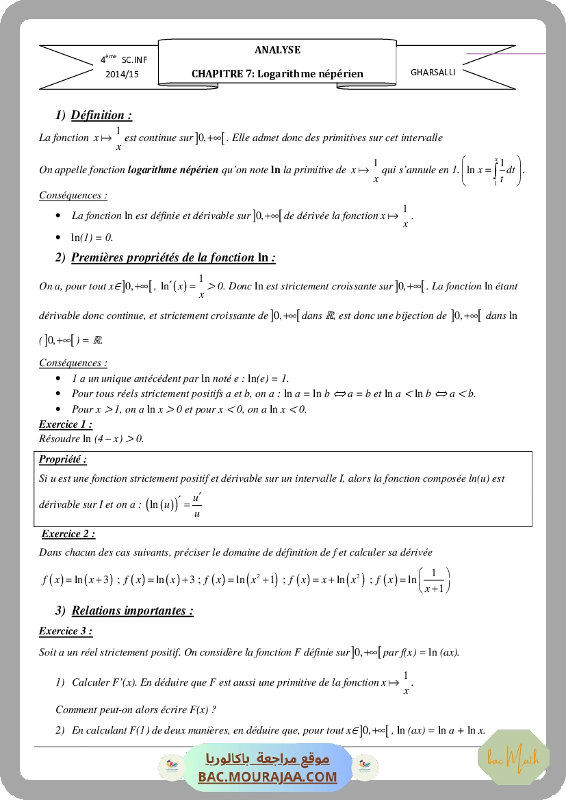 Cours Math Logarithme neperien Bac Toutes Sections (2015-2016) Mr GHAR