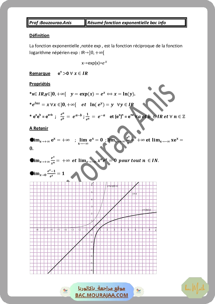 Cours Math Resume fonction exponentielle Bac Informatique (2013-2014) Mr