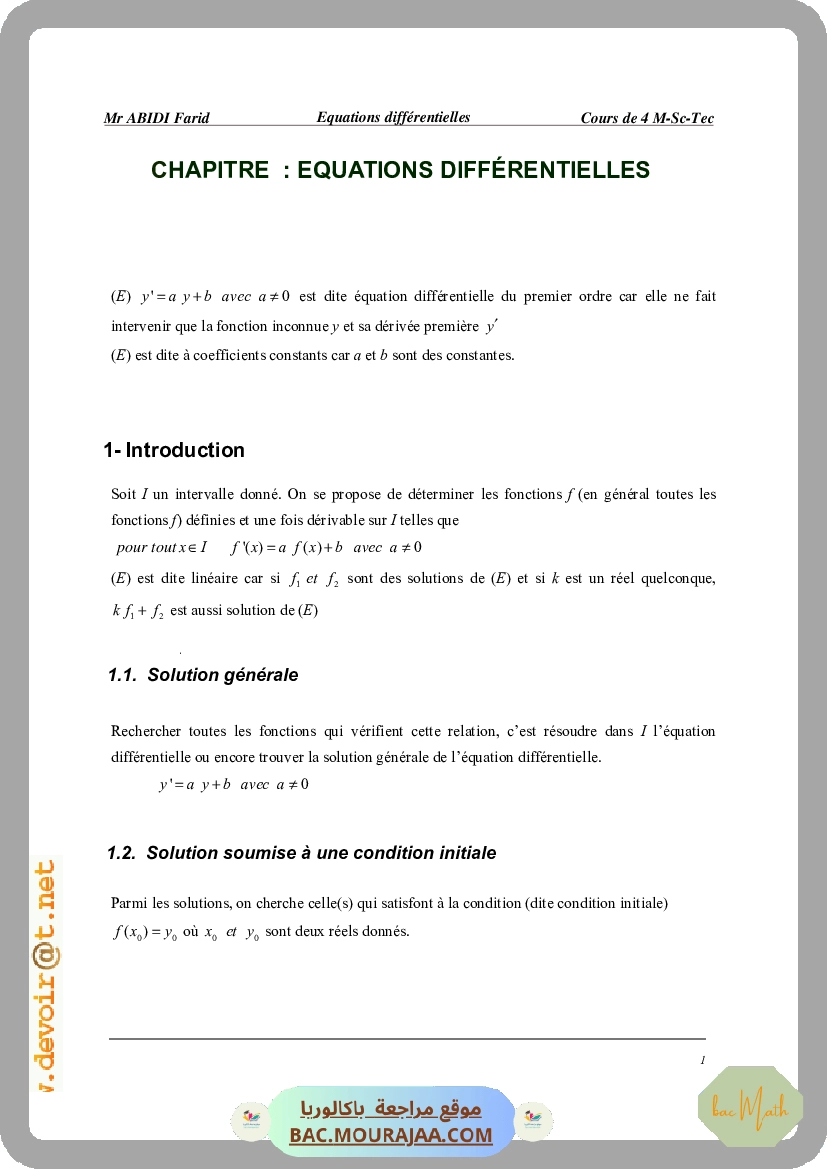 Cours Math Equations differentielles Bac M Sc Tec Mr Abidi Farid