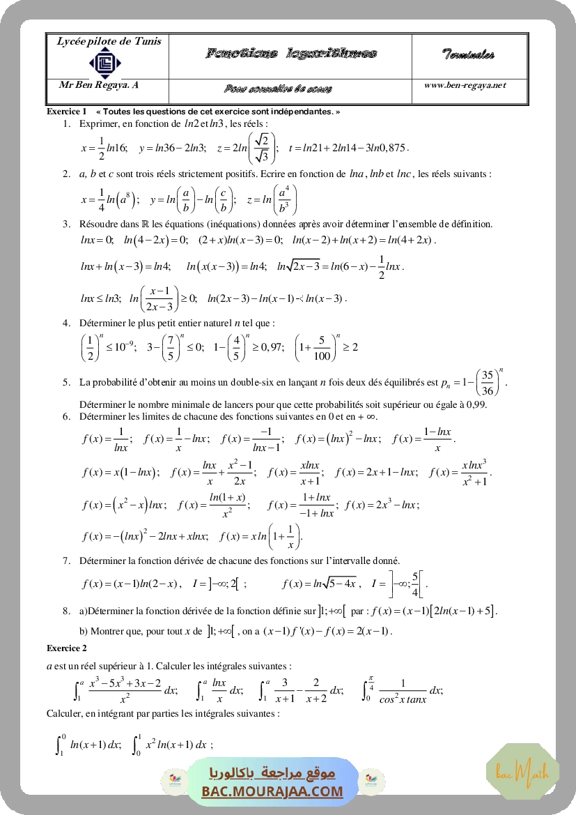 Fonctions Logarithmes Pour connaitre le cours