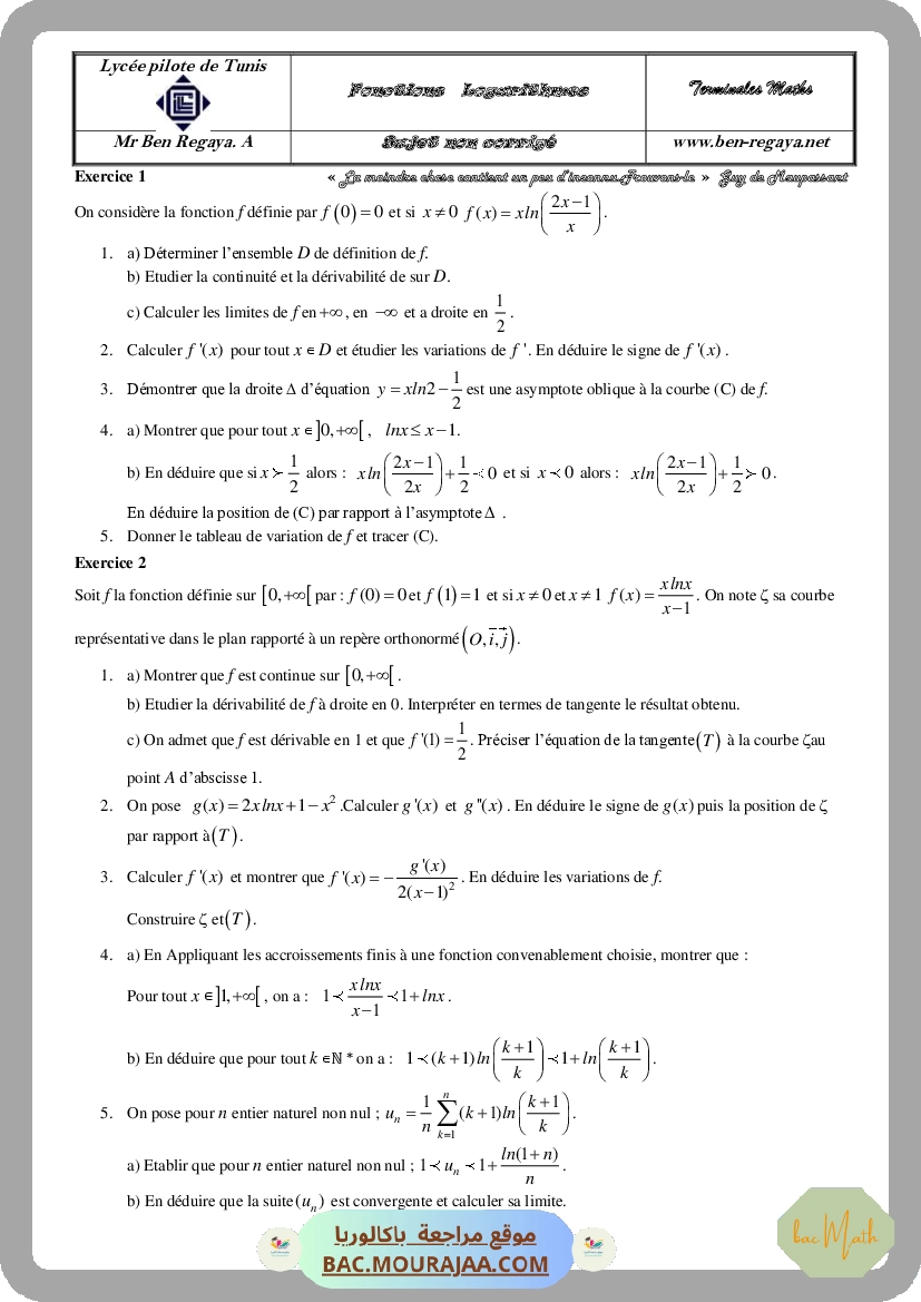 Fonctions Logarithmes Sujet non corrige
