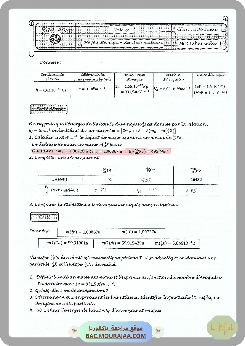 Serie 23 Noyau atomique Reactions nucleaires