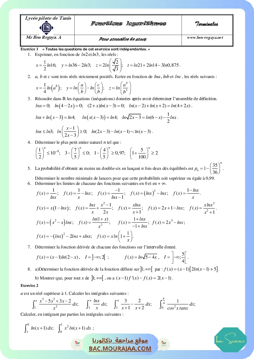 Fonctions Logarithmes Pour connaitre le cours