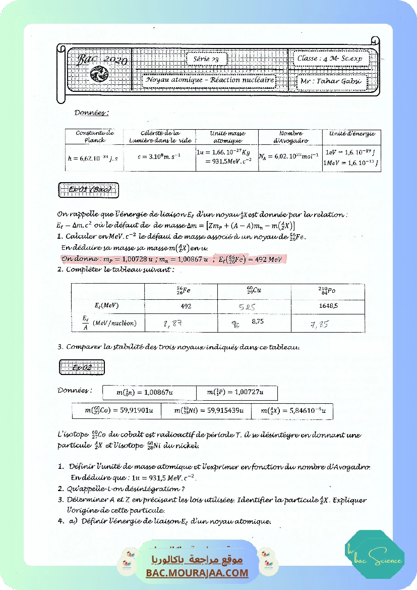 Serie 23 Noyau atomique Reactions nucleaires