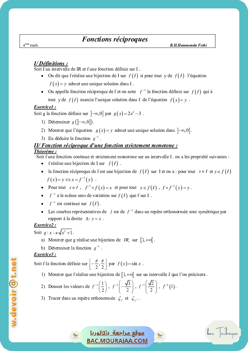 Cours Math Fonctions reciproques Bac Math Mr Hammouda Fethi