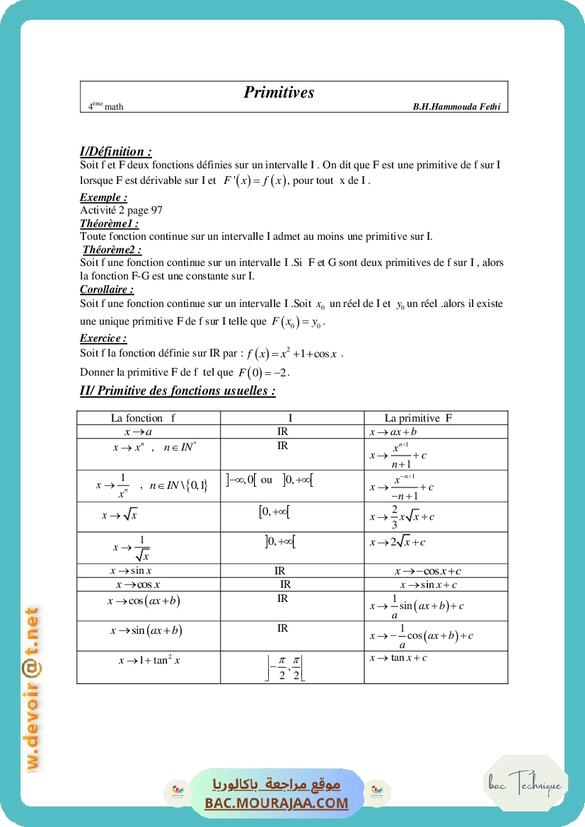 Cours Math Primitives Bac Math Mr Hammouda Fethi