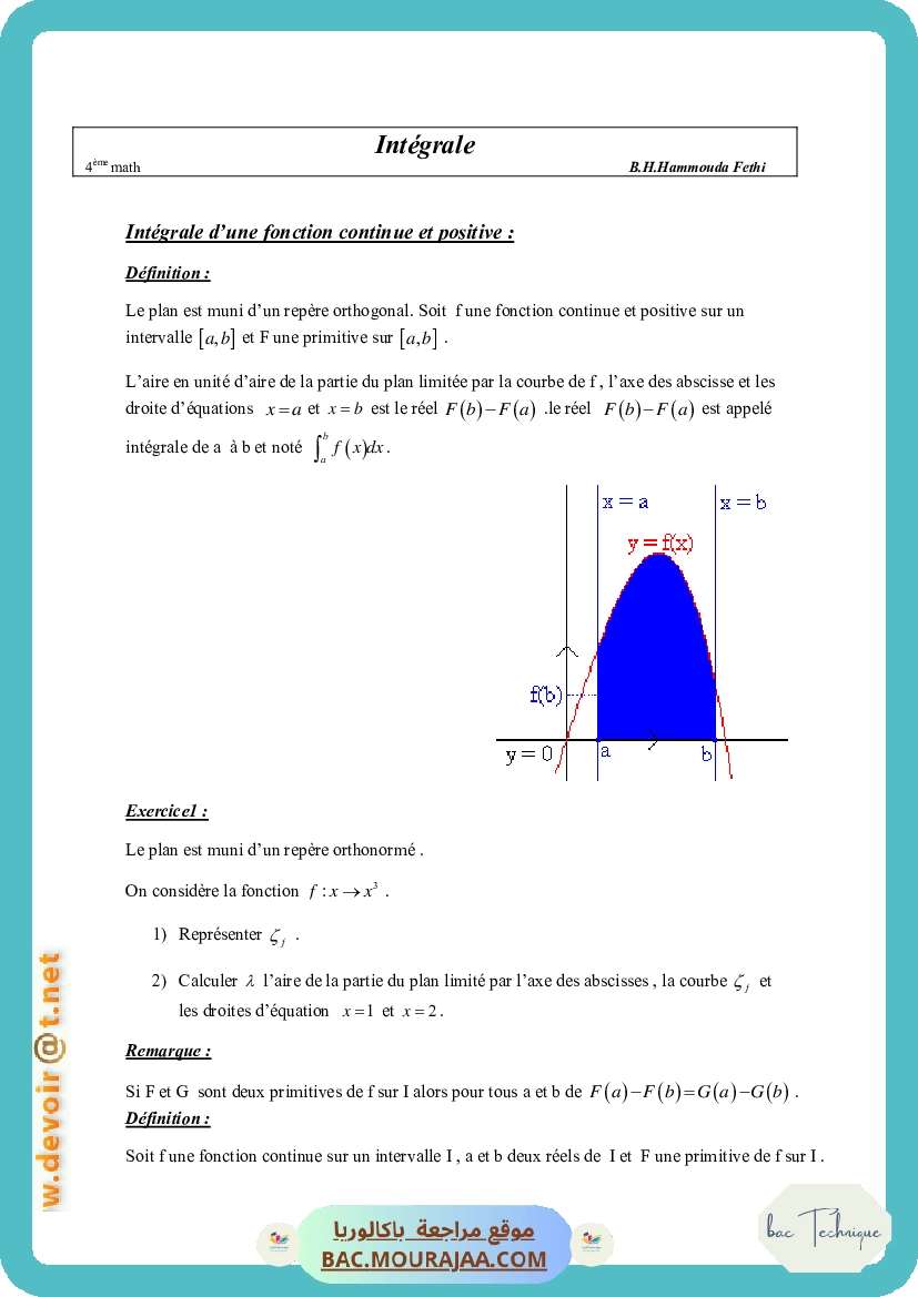 Cours Math Integrale Bac Math Mr Hammouda Fethi
