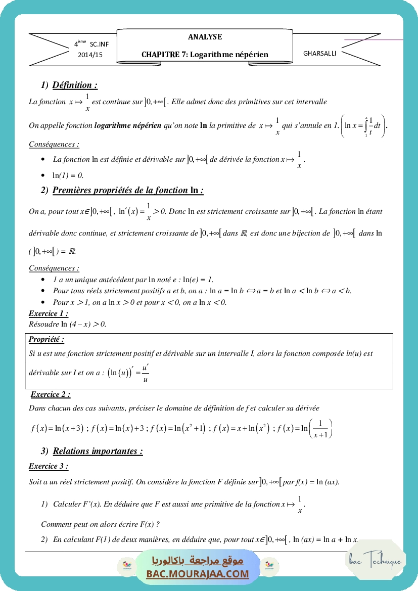 Cours Math Logarithme neperien Bac Toutes Sections (2015-2016) Mr GHAR