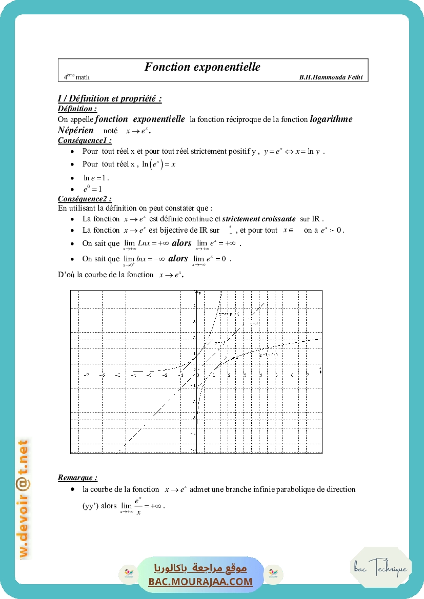 Cours Math Exponentielle Bac Math Mr Hammouda Fethi