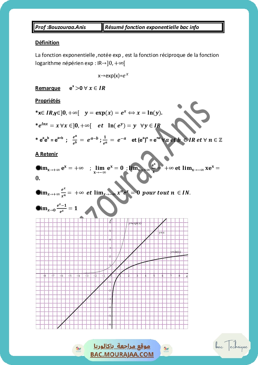 Cours Math Resume fonction exponentielle Bac Informatique (2013-2014) Mr