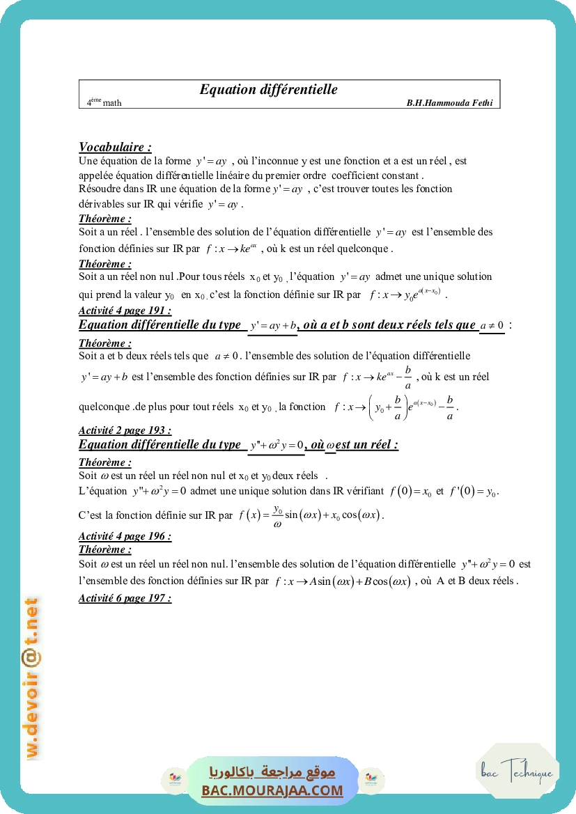 Cours Math Equation differientielle Bac Math Mr Hammouda Fethi