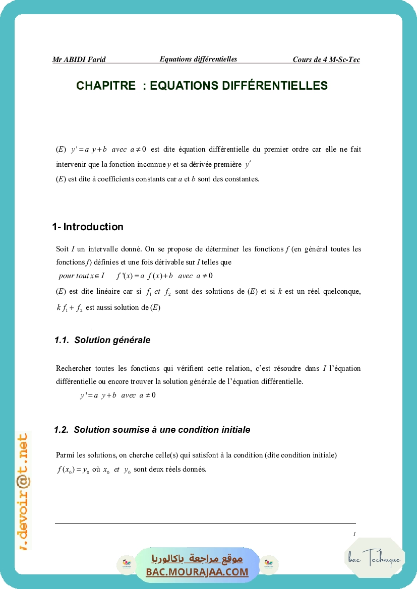 Cours Math Equations differentielles Bac M Sc Tec Mr Abidi Farid
