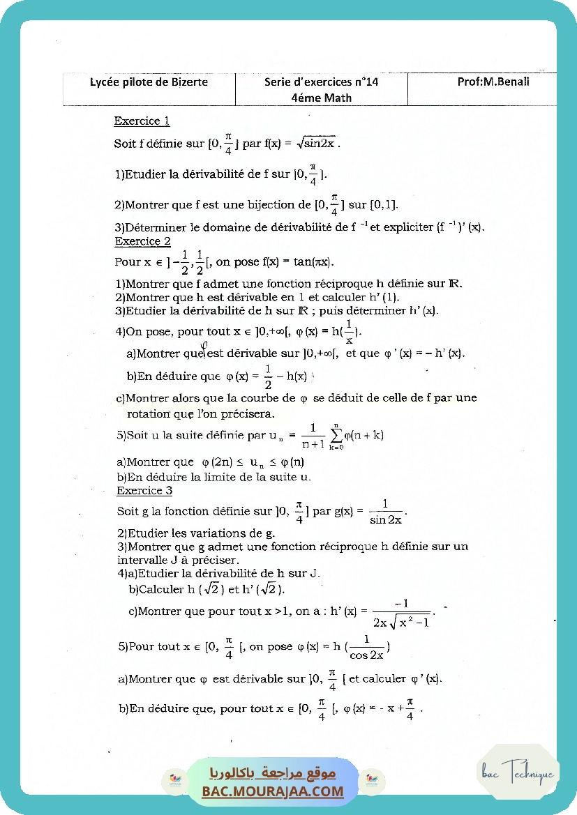Serie 14 Etude de fonctions