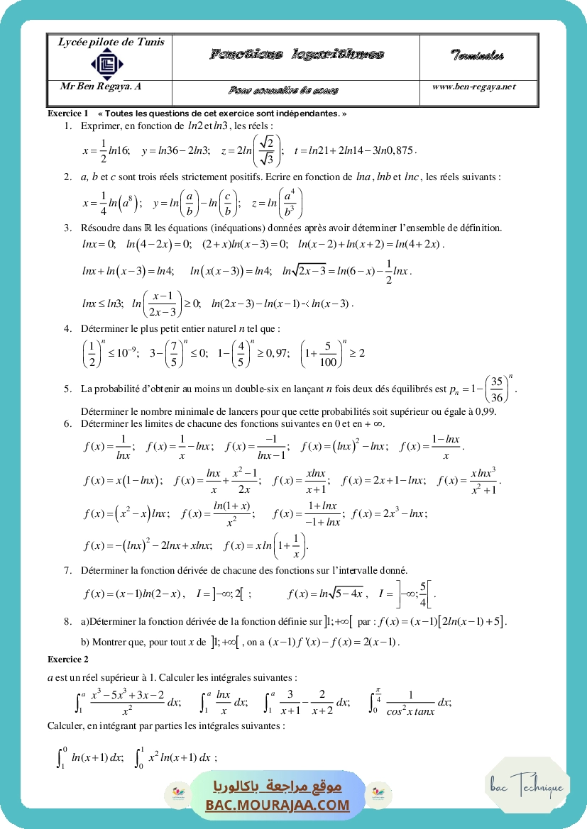 Fonctions Logarithmes Pour connaitre le cours