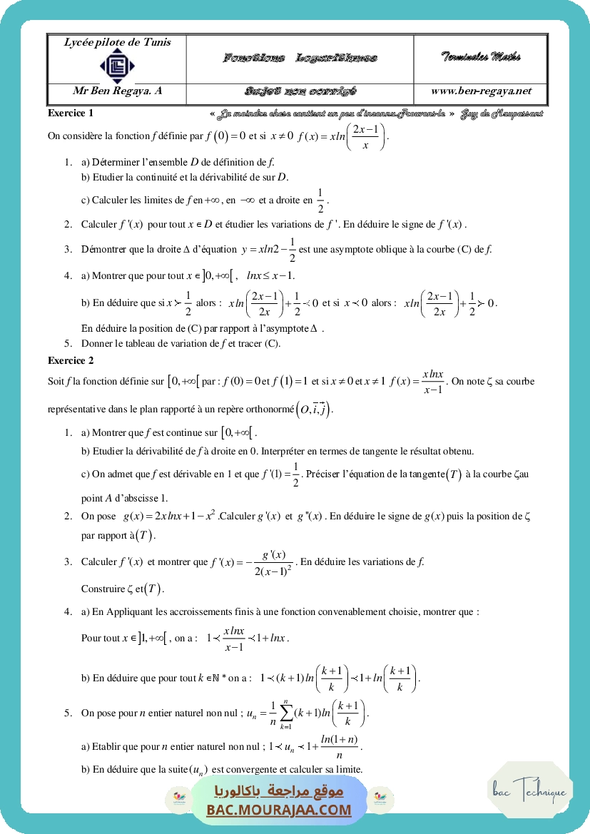 Fonctions Logarithmes Sujet non corrige